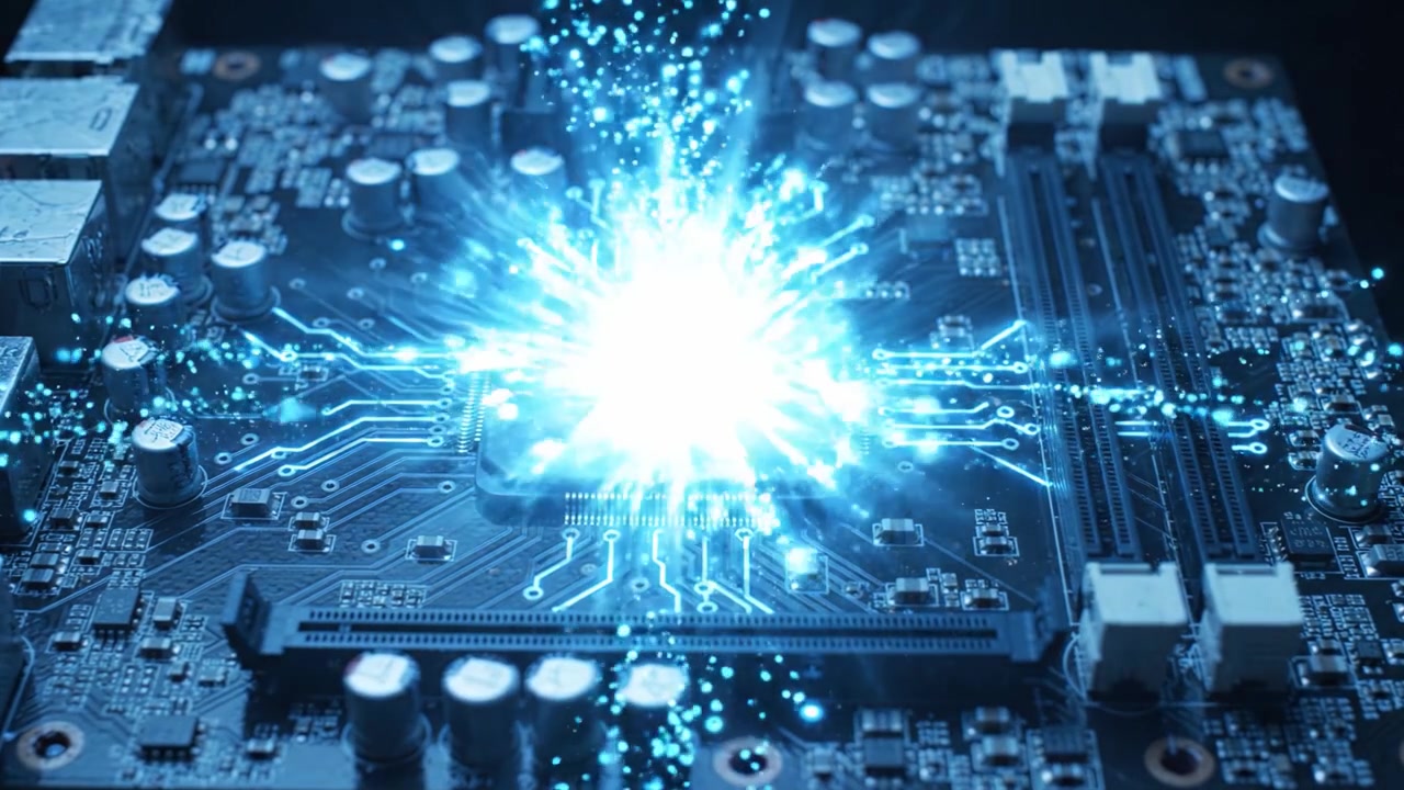 Een Overzicht van een Computerprintplaat met de Microprocessor, Elektrische Vonken en Blauwe Lichteffecten, Waarbij de Essentie van Technologie en Innovatie Wordt Vastgelegd