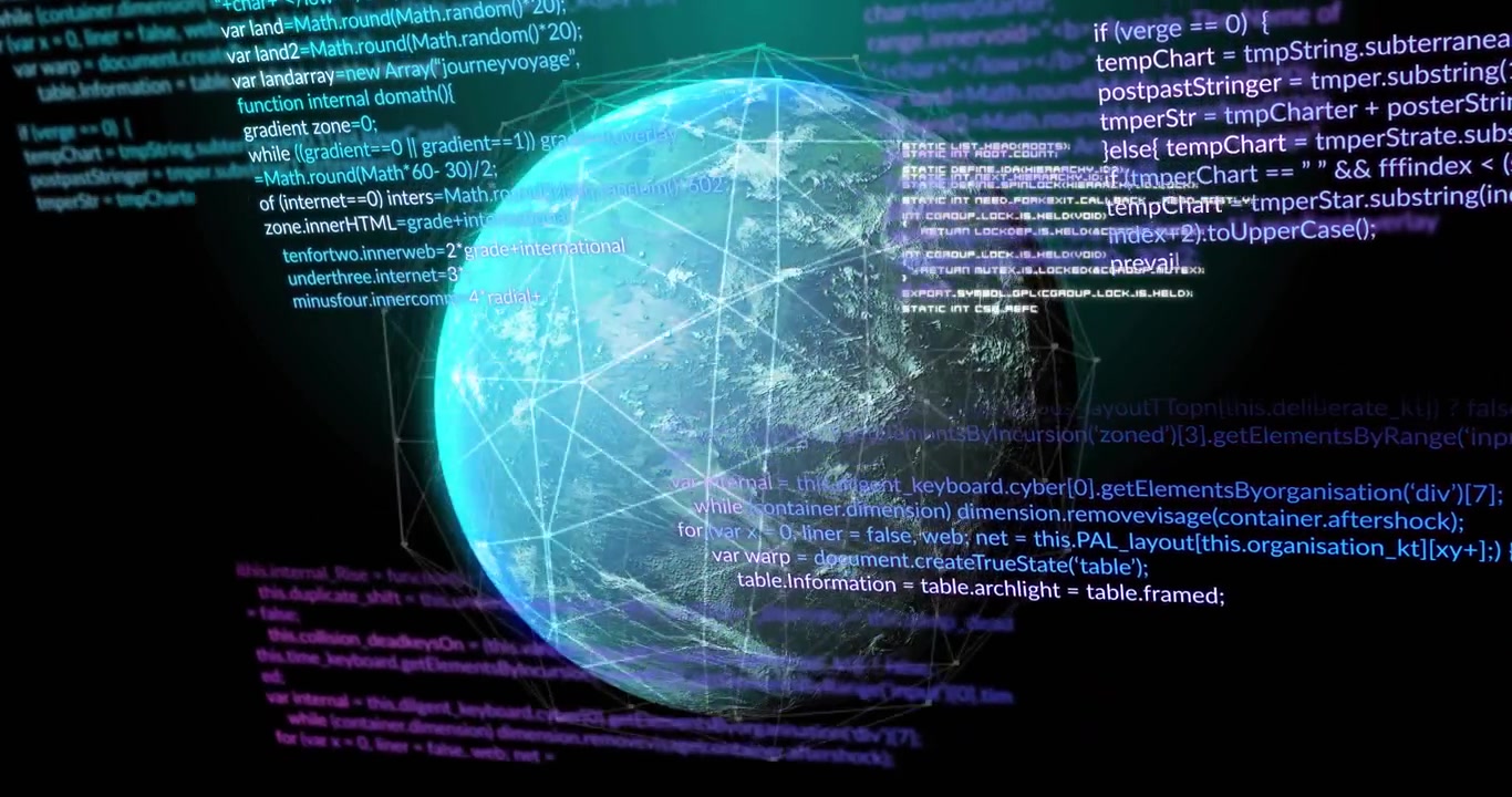 3D globe rotating, teal rim while code appearing and causing wireframe nodes lighting for tech data