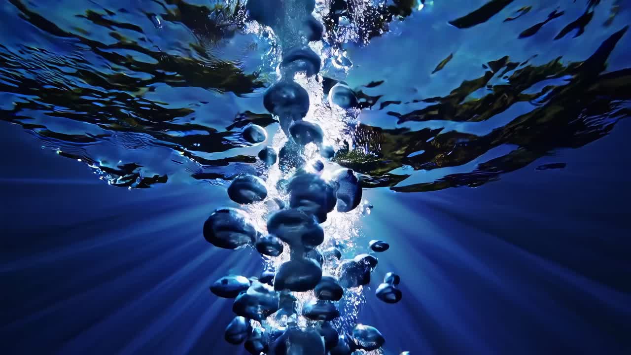Un video subacqueo cattura le bolle che salgono verso la superficie, ripreso da una angolazione bassa