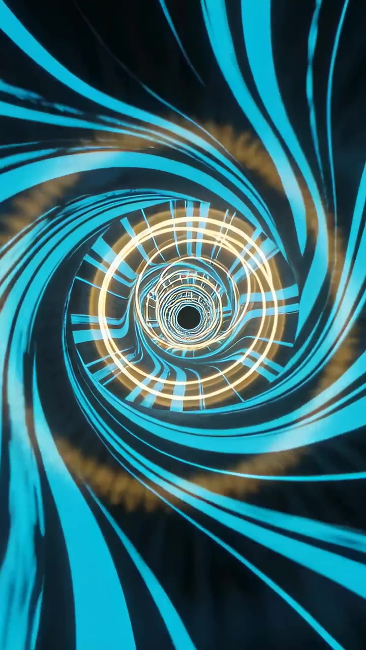 Video verticale: Luce pulsante che avvia un tunnel che ruota verso l'interno su un vuoto scuro, con anelli d'oro e fasce ciano.