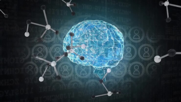 Animation of human brain, molecules and people icons on black background