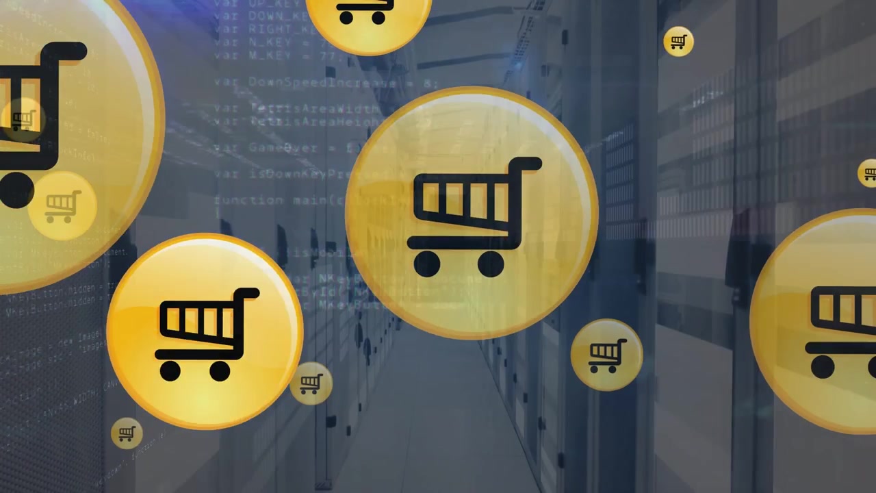 Digital Shopping Cart Icons Floating Over Server Room Background