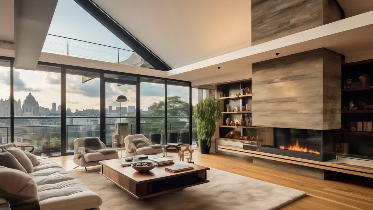 Expansive windows flooding modern living room with natural light, featuring high ceiling, sleek fireplace, designer furnishings, and sweeping cityscape panorama creating elegant interior ambiance