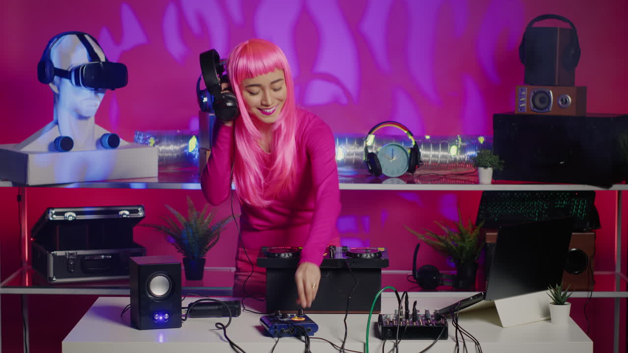 Woman DJ with Pink Wig Playing Music at a Party
