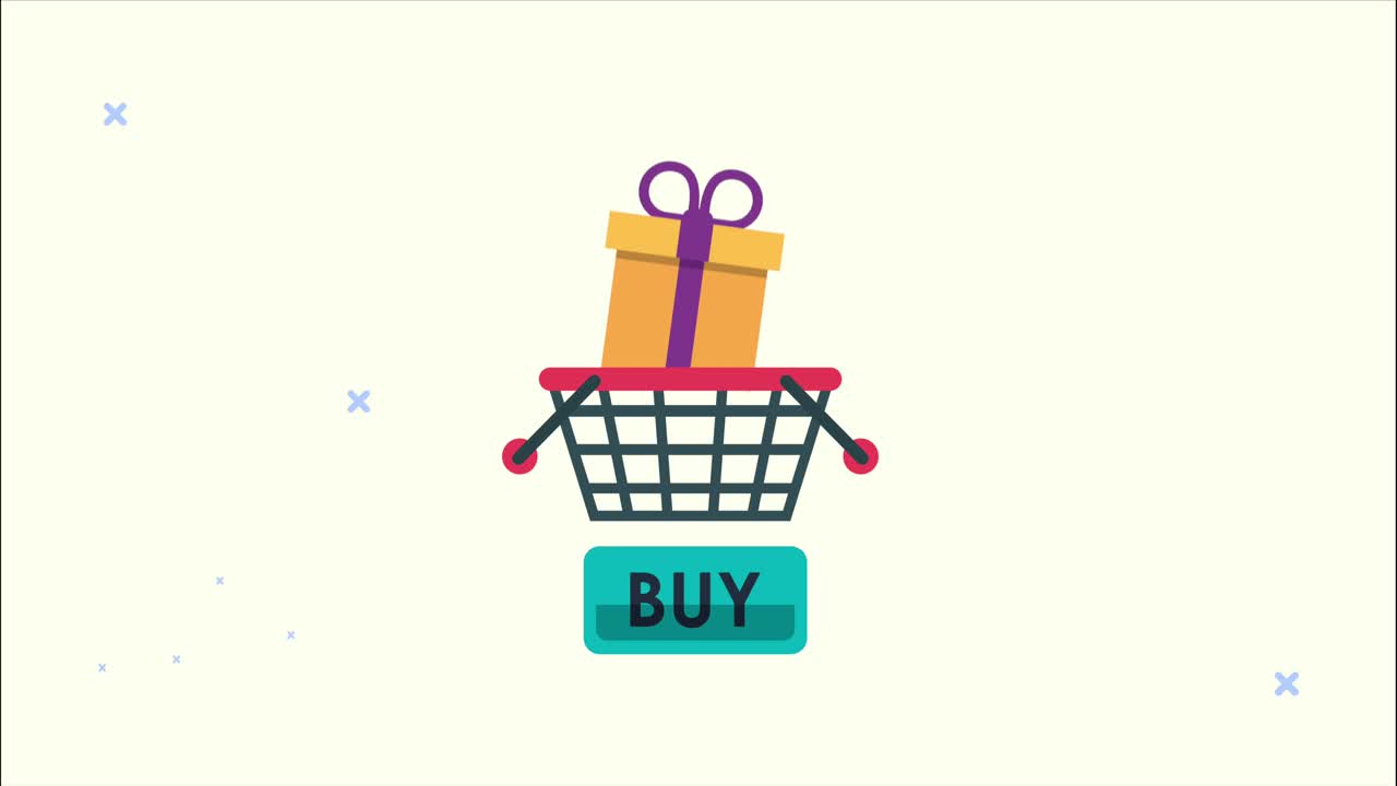 바구니와 선물과 함께 쇼핑 시장 애니메이션