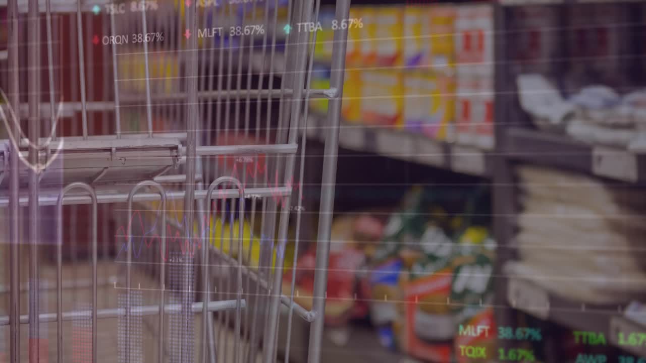 Push sending cart moving down aisle HUDs animating sales data briefly showing blurred figure fading