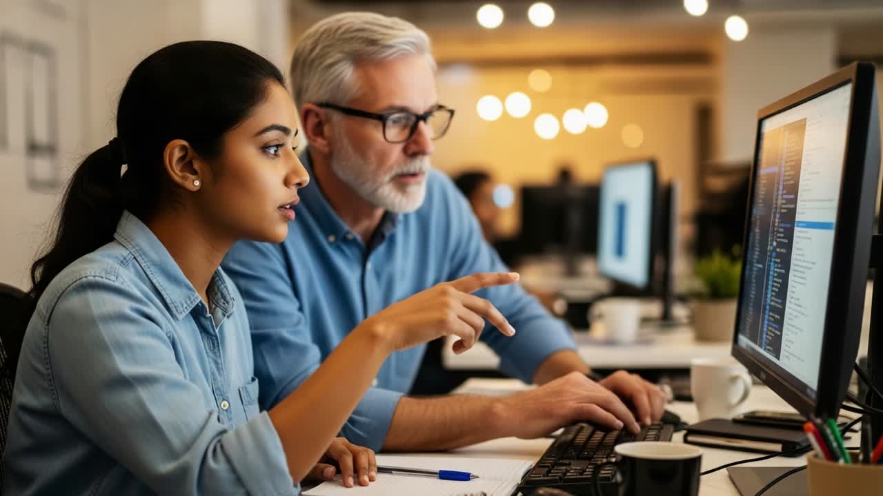 A Collaborative Moment Between Two Colleagues in a Modern Office Setting, Focused on a Computer Screen, Engaged in Discussion and Problem Solving to Achieve a Shared Goal While Working on a Project