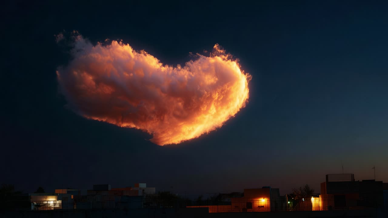A Romantic Cloud Display in the Evening Sky, Shaped Like a Heart, Captivating Viewers with Its Unique Form and Warm Colors Against a Darkening Horizon at Sunset