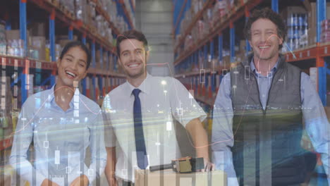 animación del procesamiento de datos financieros en tres diferentes trabajadores de almacén