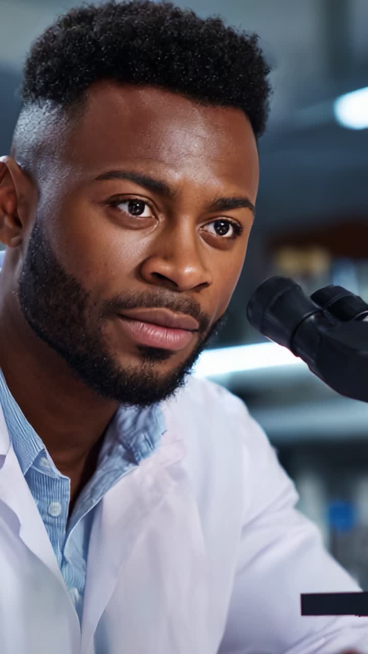 Scienziato concentrato che analizza campioni al microscopio in un ambiente di laboratorio, dimostrando diligenza e precisione nella ricerca e nella sperimentazione
