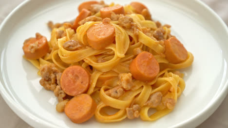 Spaghetti-Nudeln-Mit-Wurst-Und-Hackfleisch