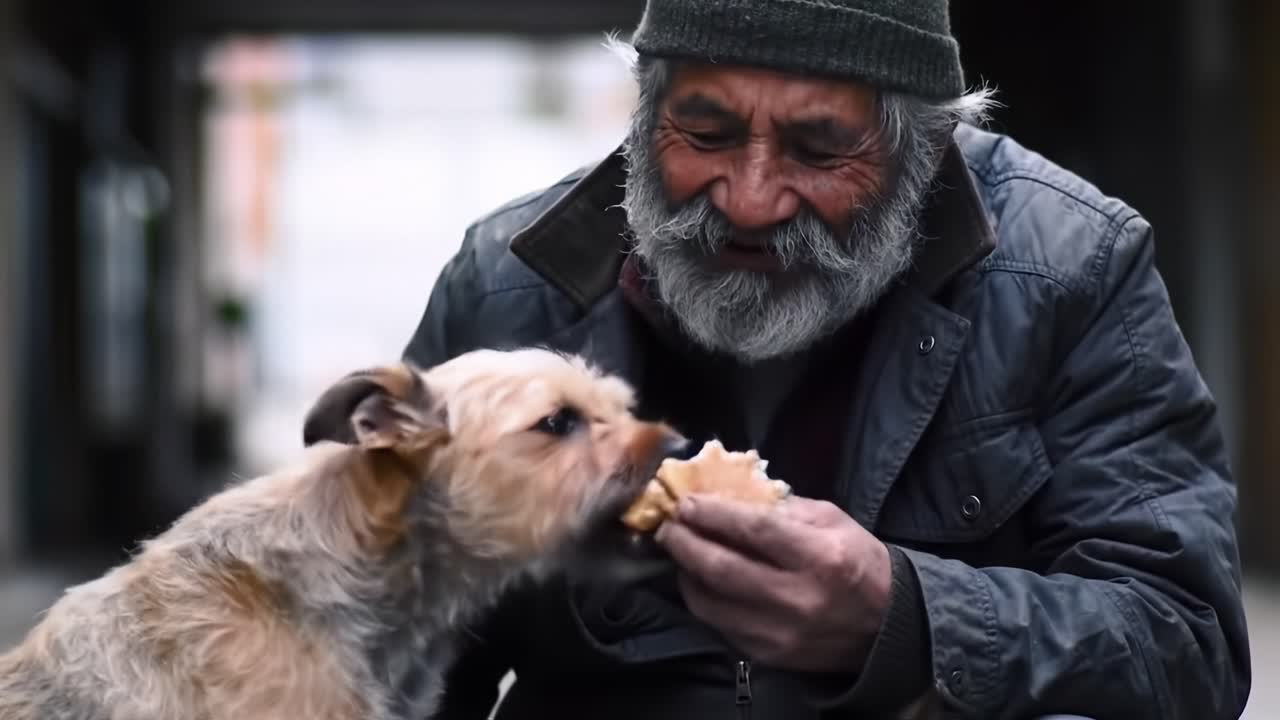 A Heartwarming Moment of Companionship: An Elderly Man Shares a Meal with His Loyal Dog, Highlighting the Bond Between Humans and Their Furry Friends in a Cozy Setting