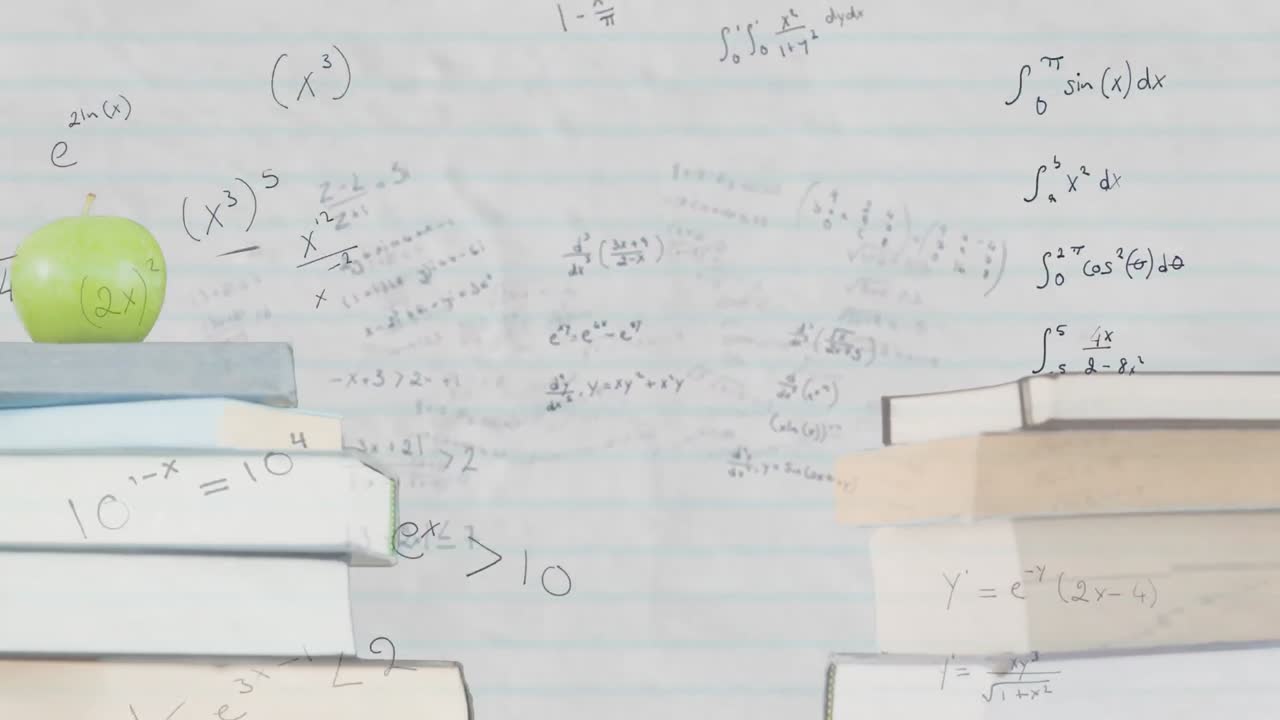 Stack of books and apple against mathematical equations on black board