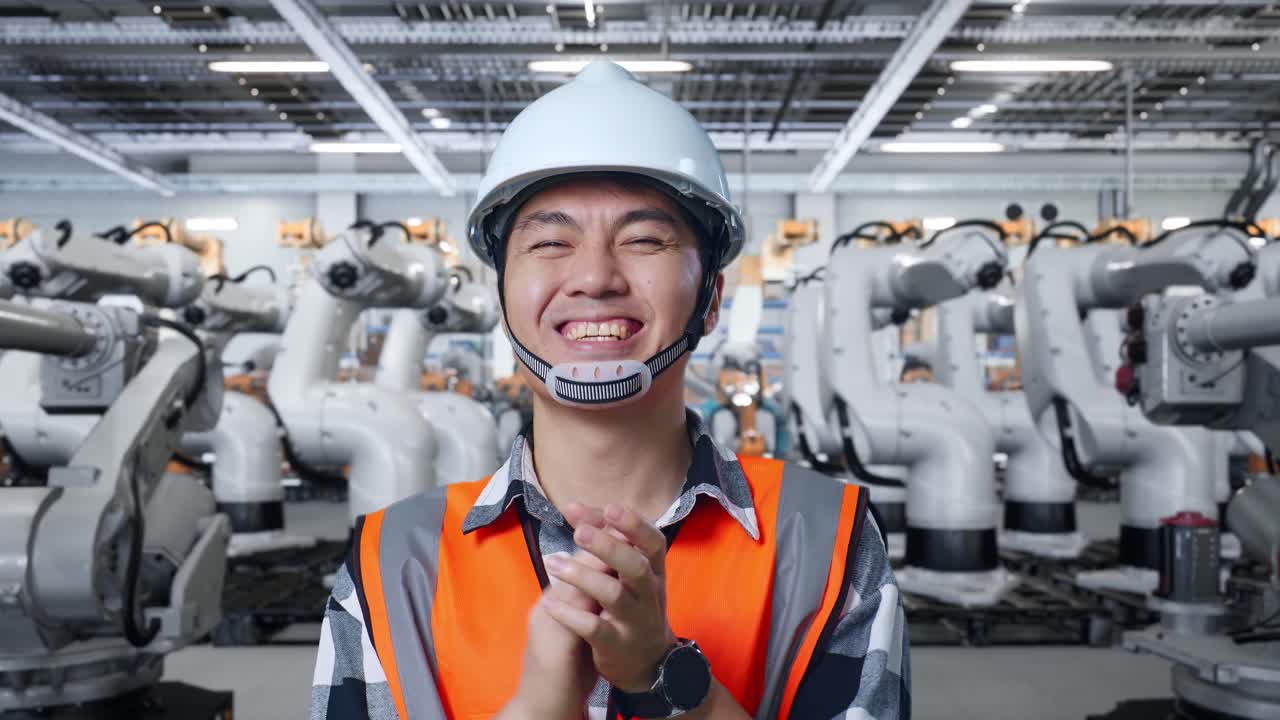 로이 있는 공장에서 미소 짓는 엔지니어