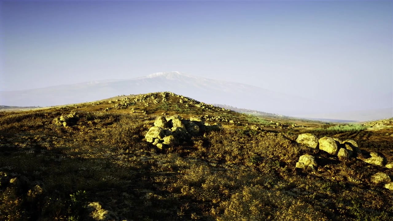 Scena esterna calda con elementi naturali e orizzonte lontano.