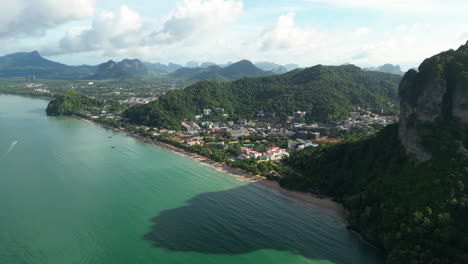 Coast-of-Ao-Nang-beach-at-Andaman-Sea,-Krabi,-Thailand,-Drone-shot