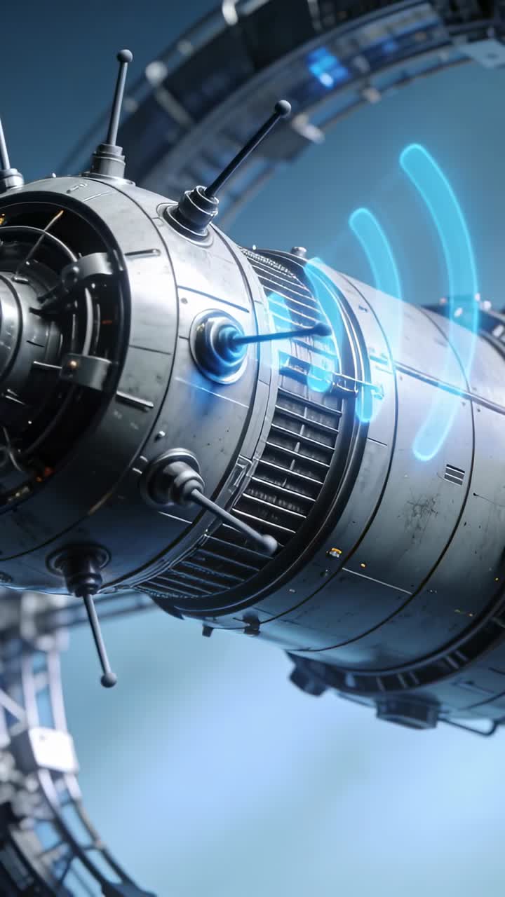 Vertical video: Activating module emitting pulsing blue signal in orbital dock with probes, grille