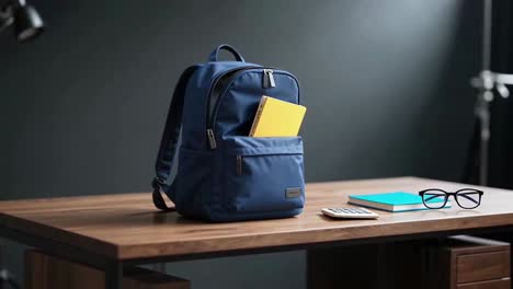 minimalist navy blue backpack on a wooden desk in a modern office