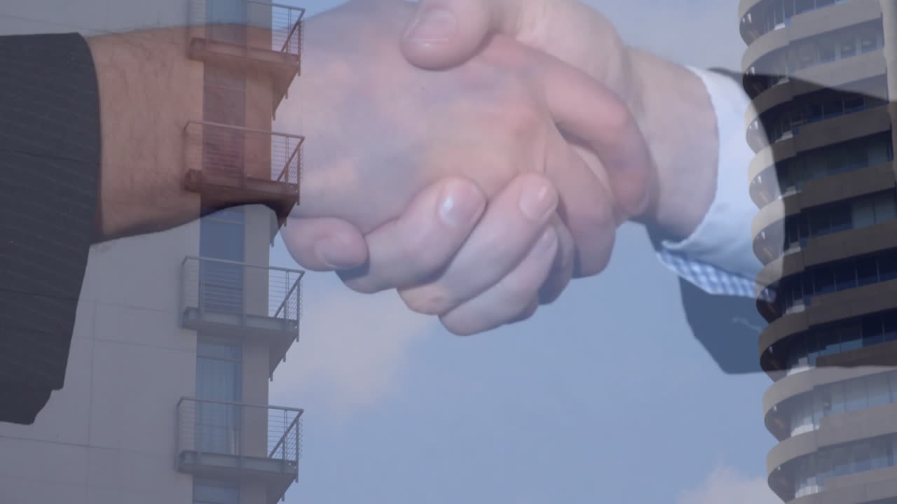 Business agreement symbolized by handshake over modern building in animation style