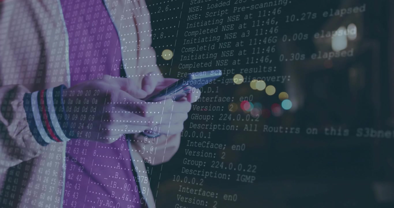 Person Using Smartphone with Digital Data Overlay