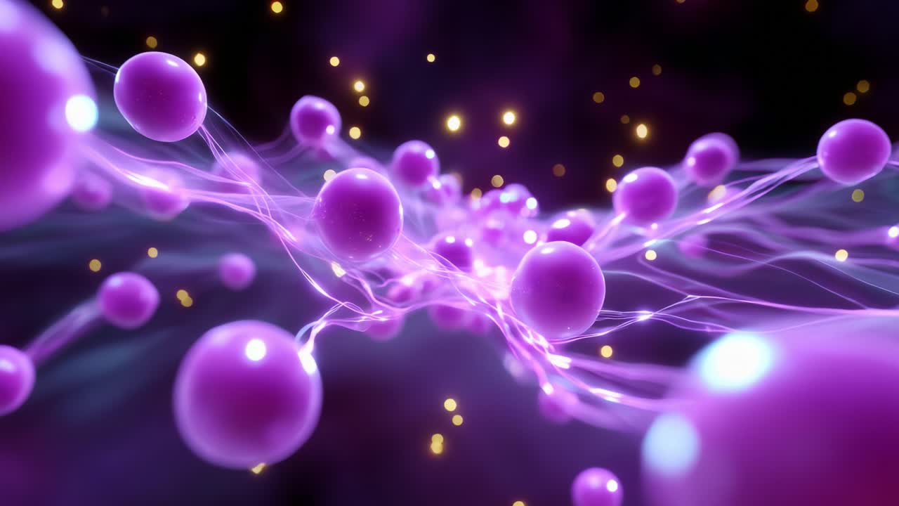 An Artistic Representation of Molecular Dynamics: This visually stunning depiction showcases the intricate interactions between purple spheres, resembling atoms, connected by luminous filaments that illuminate the vibrant structure of a molecular network