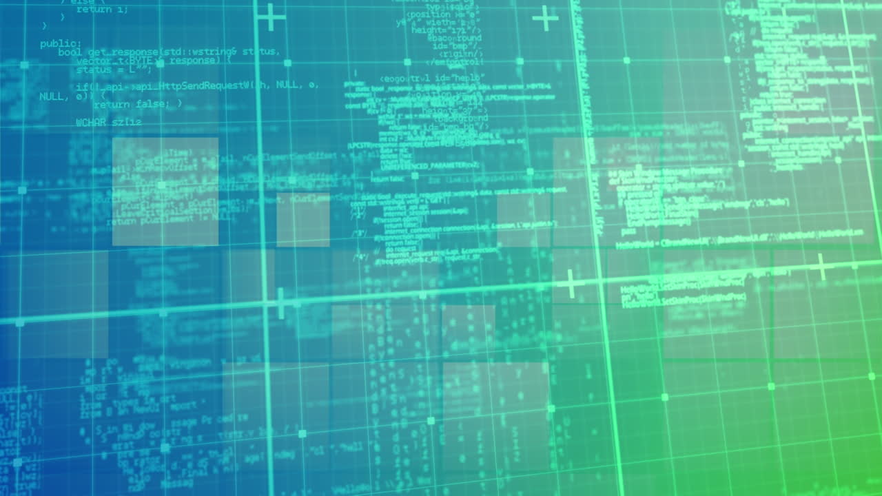 animación del procesamiento de datos digitales sobre pantallas y fondo de cuadrícula