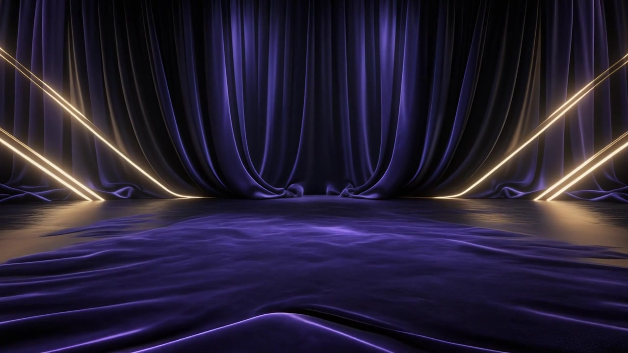 Abstract Stage with Purple Velvet Curtains and Glowing Neon Lines