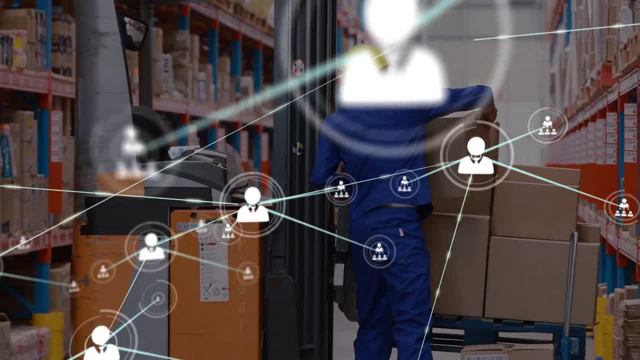 animación de la red de conexiones sobre el trabajador de almacén caucásico