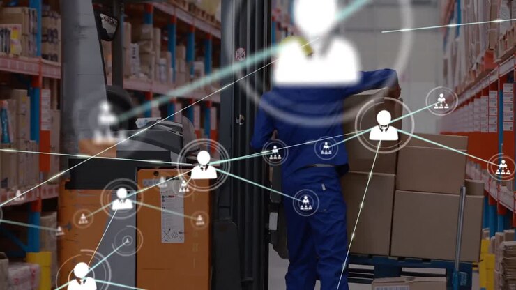 Animazione di una rete di connessioni su un operaio di magazzino caucasico