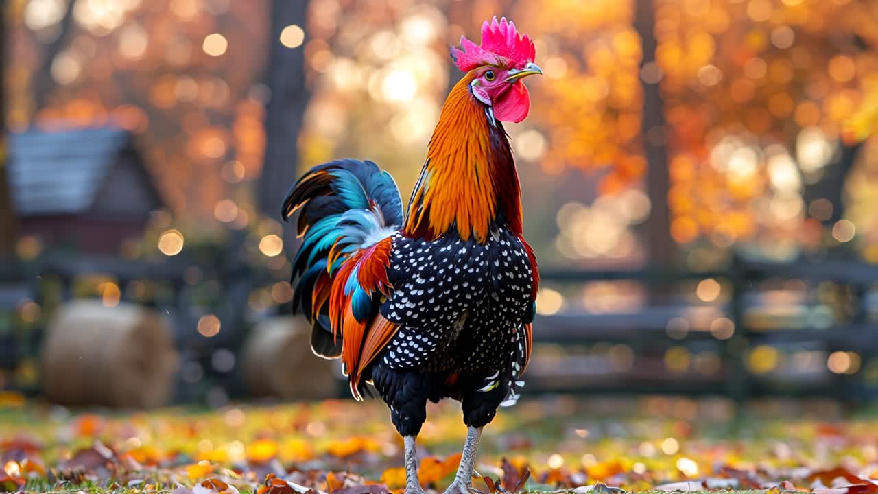 A rooster stands in a field of autumn leaves. The rooster is red and black with a white head