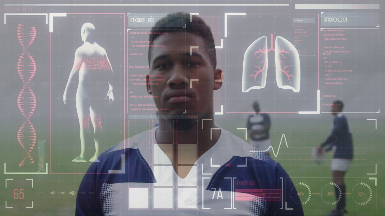 Animation of digital interface with medical data processing over rugby players
