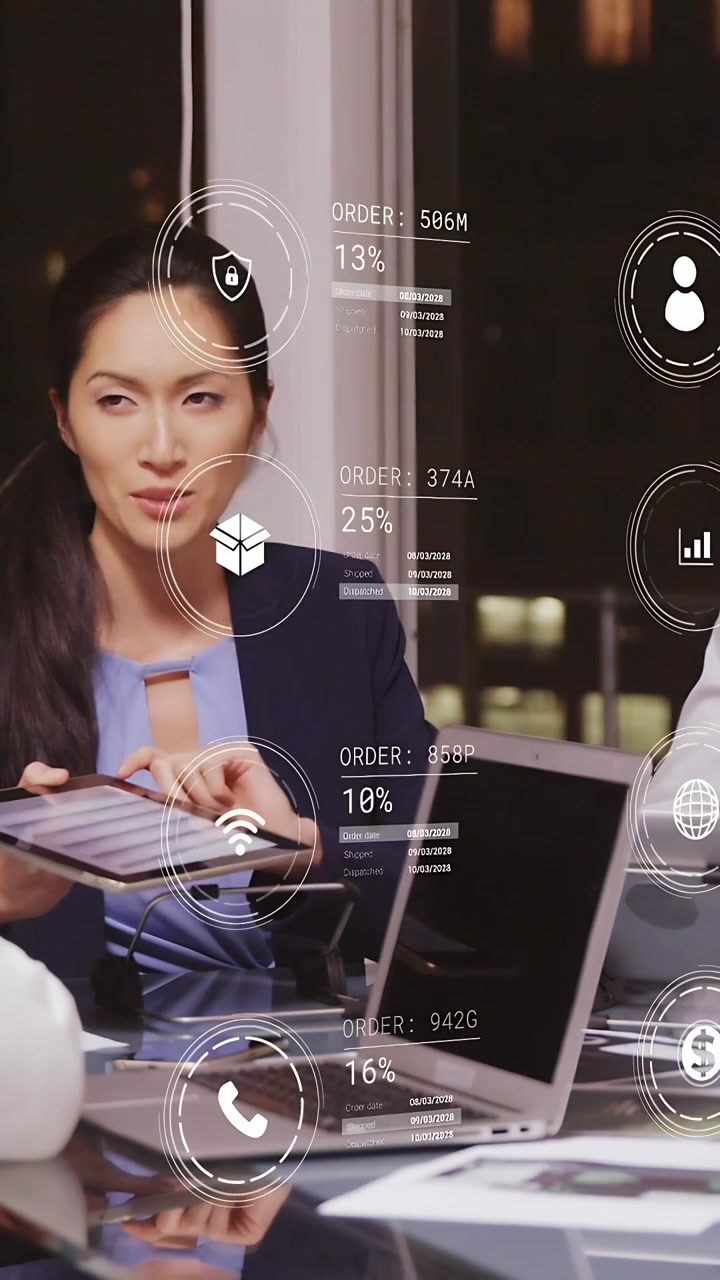 Video verticale: Presentatore che tocca un tablet, mostrando metriche aziendali e icone AR che aggiornano le percentuali.
