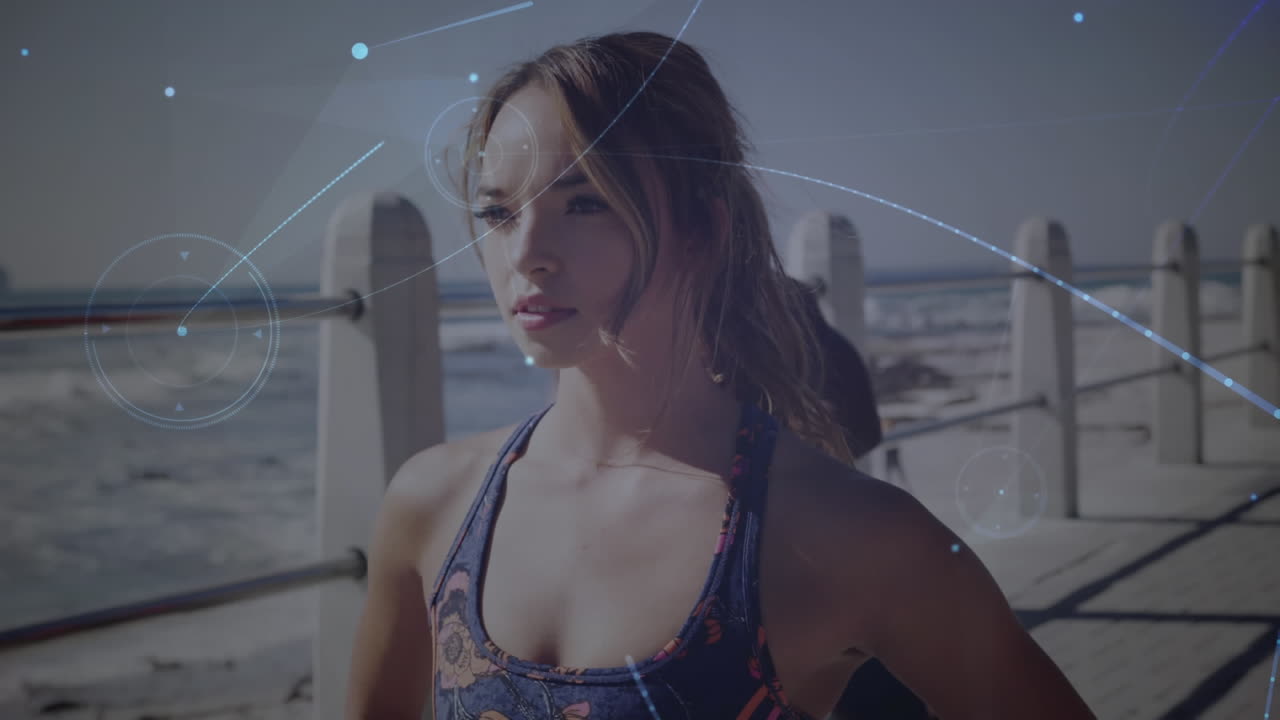 animación de la red de conexiones sobre mujeres que hacen ejercicio al aire libre