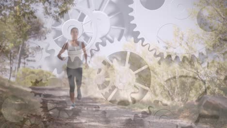 animation of cogs spinning over fit woman running