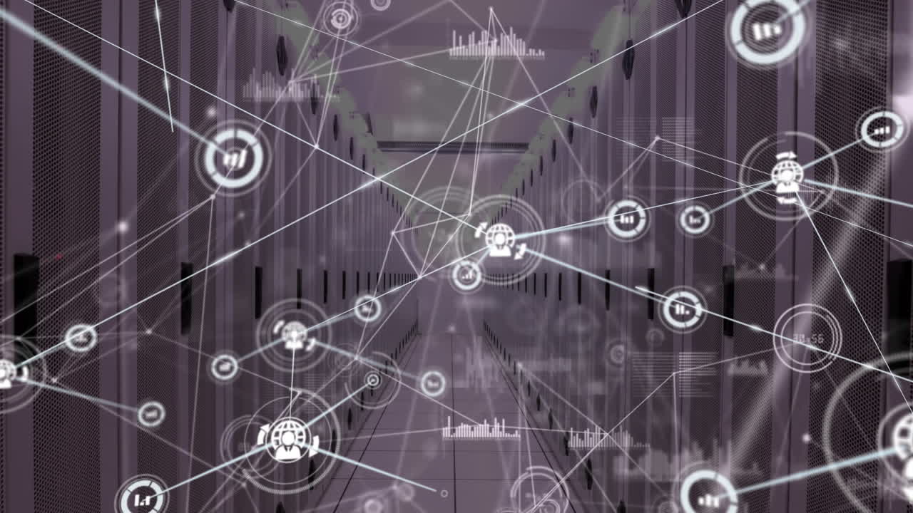 Animation of network of connections with icons and data processing over server room
