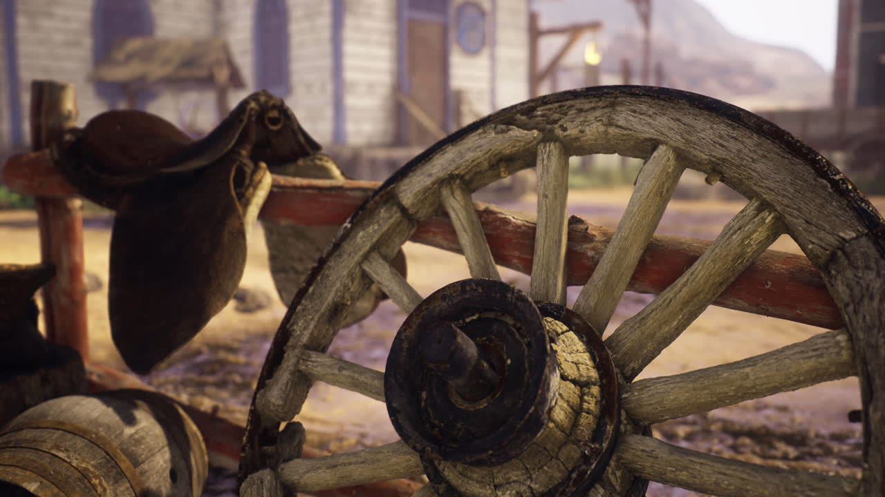 Rustic wooden wagon wheel with saddle in an old western town setting