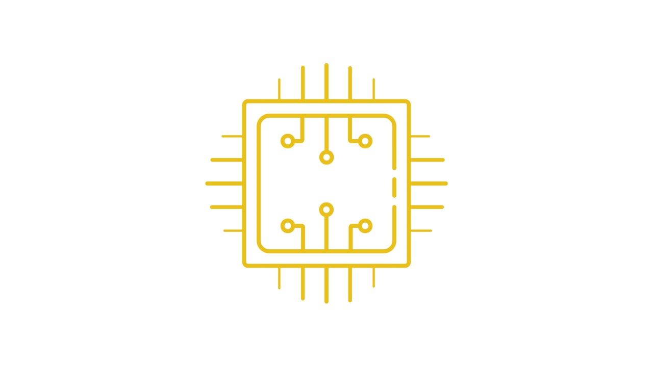 Icona animata gialla di microchip che si disegna su sfondo bianco