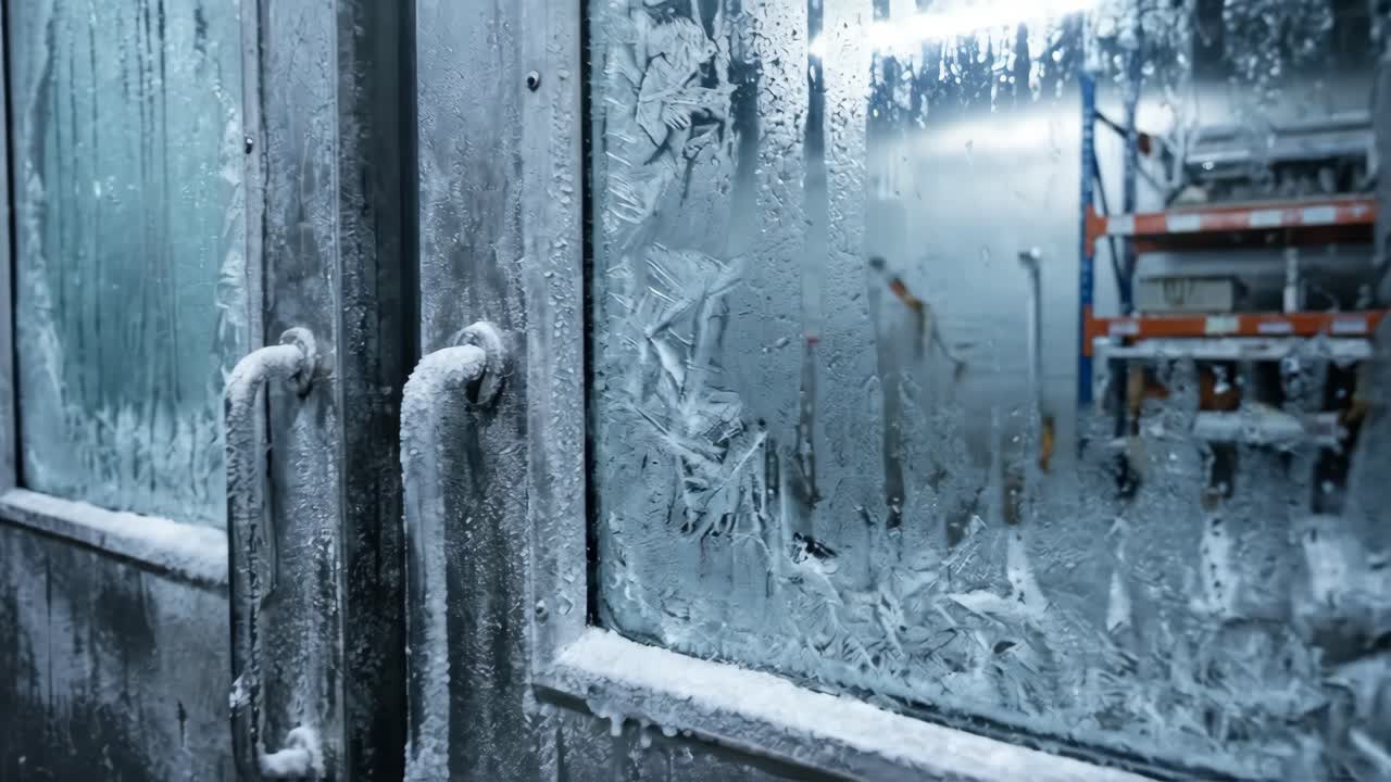 Närbild av frostig industriell frysdörr med iskristaller