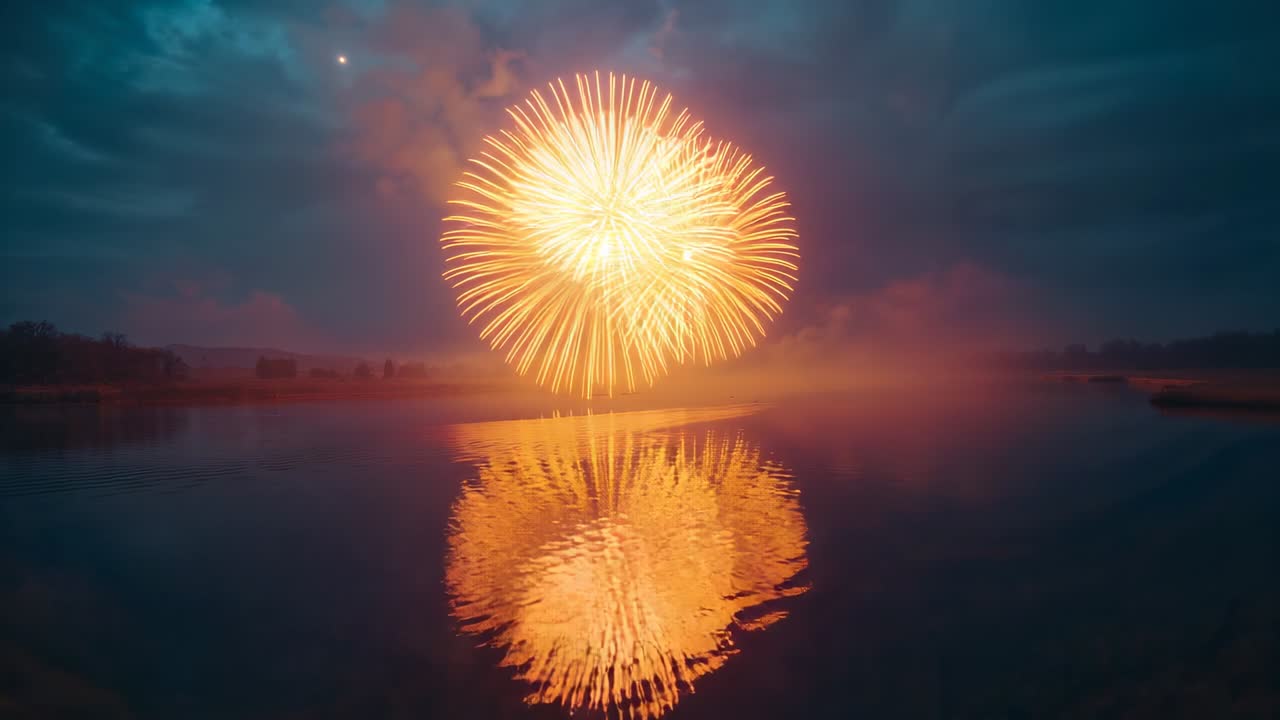 Exploding shell sending golden bloom across night lake shoreline, reflecting sparks on water
