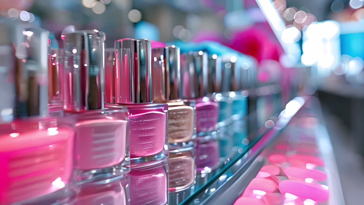 Close-up of vibrant nail polish bottles on a store shelf