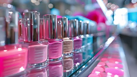 close-up of vibrant nail polish bottles on a store shelf