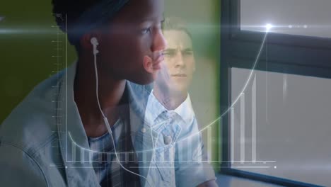 Animation of graph over african american schoolgirl using headphones