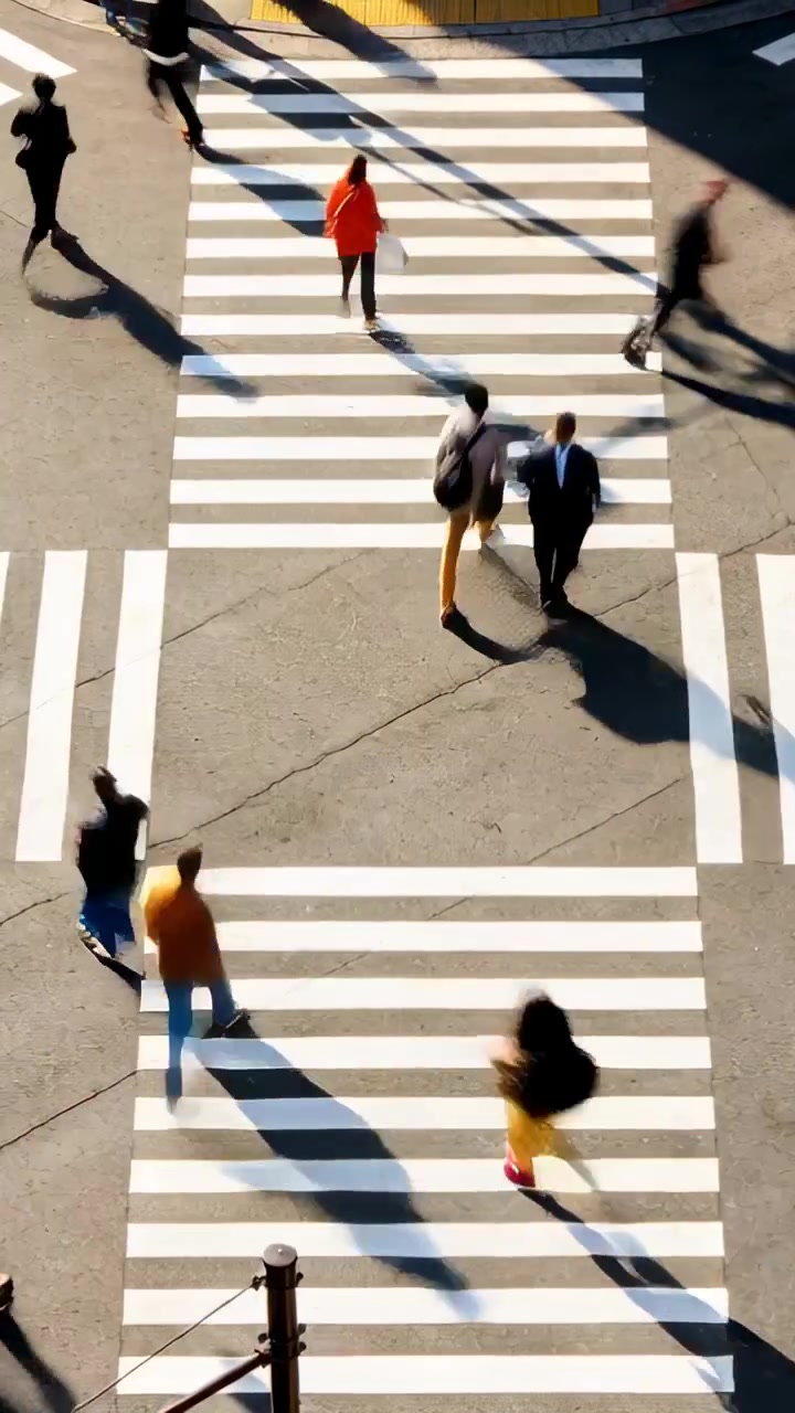 Video verticale: Persone che attraversano la strada sul marciapiede sulle strisce pedonali, che vanno al lavoro con un cappotto rosso