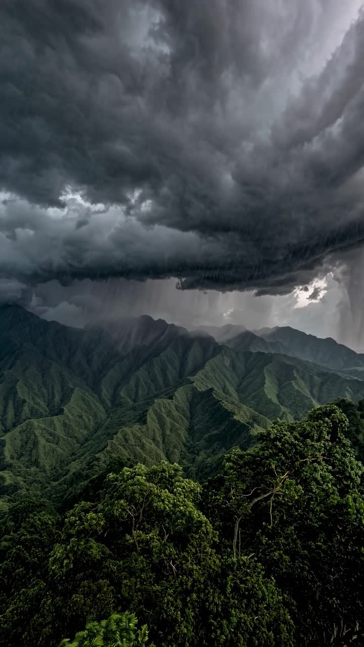 Dramatic aerial view of storm clouds over lush green mountains, capturing the intensity of nature