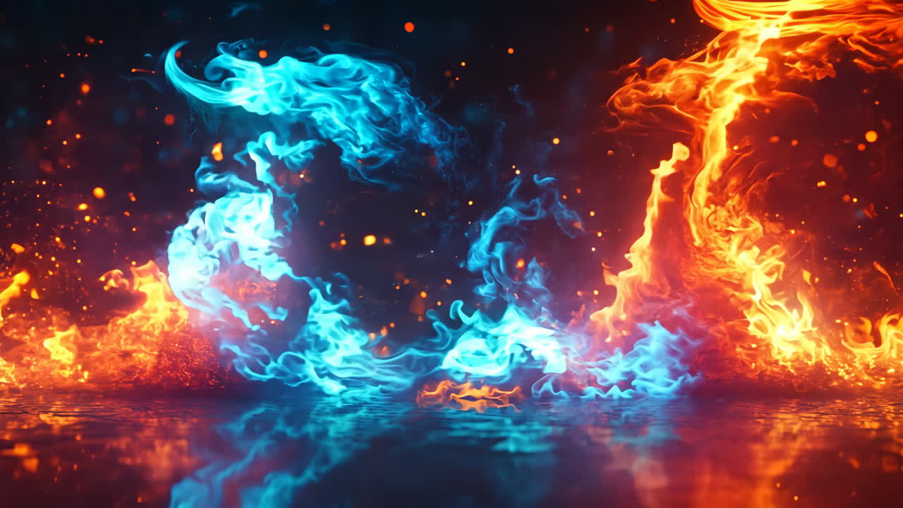 A blue and red fire with a lot of sparks. The fire is in the middle of the image