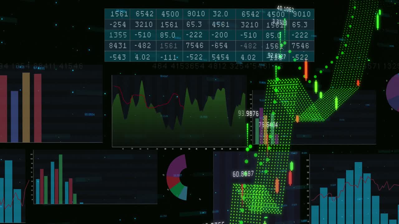 Animation of statistical and financial data processing against black background