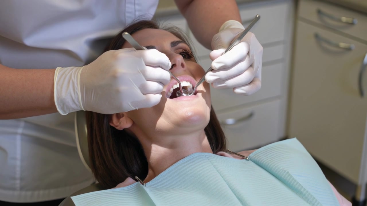 Un clinico esamina una donna sdraiata con la bocca aperta sulla poltrona del dentista, usando specchio, sonda e bavaglino