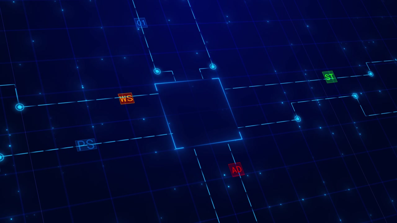 Circuit routing grid interface visual with blue square center glowing paths labeled nodes and dark
