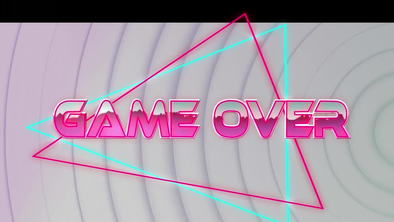 Animazione del testo "game over" su sfondo geometrico bianco.