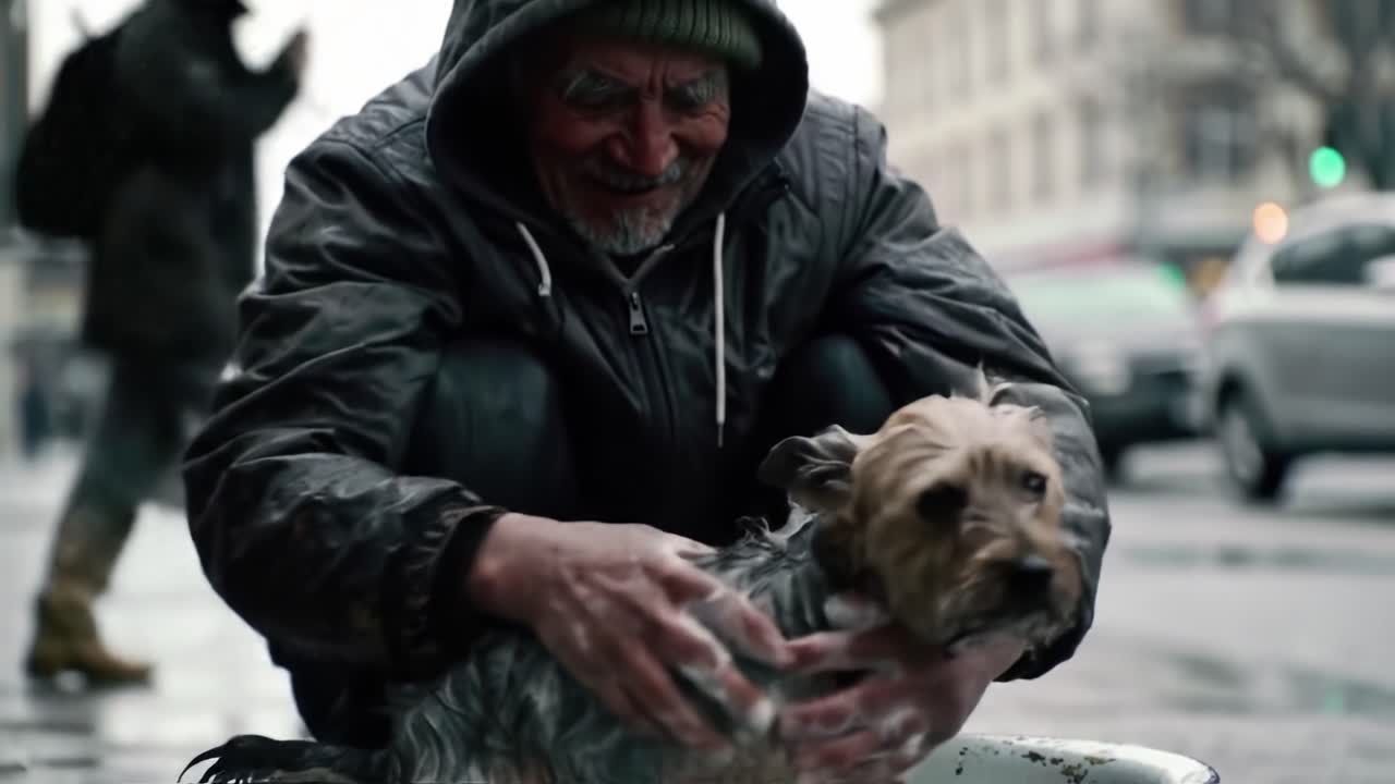 A Tender Moment of Care: A Person Gently Bathing Their Dog in a Rainy Urban Setting, Showcasing Love and Compassion Amidst Adversity